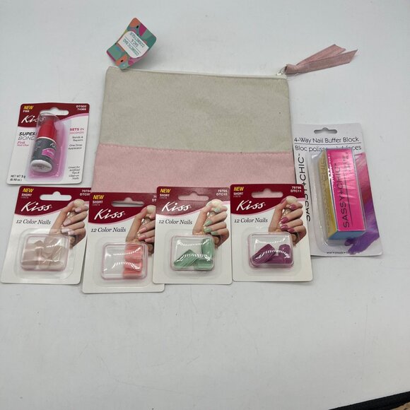 Kiss Glue on Nails Cosmetic Bag Cream Pink Nail File Lot of 7 NEW - Picture 2 of 10